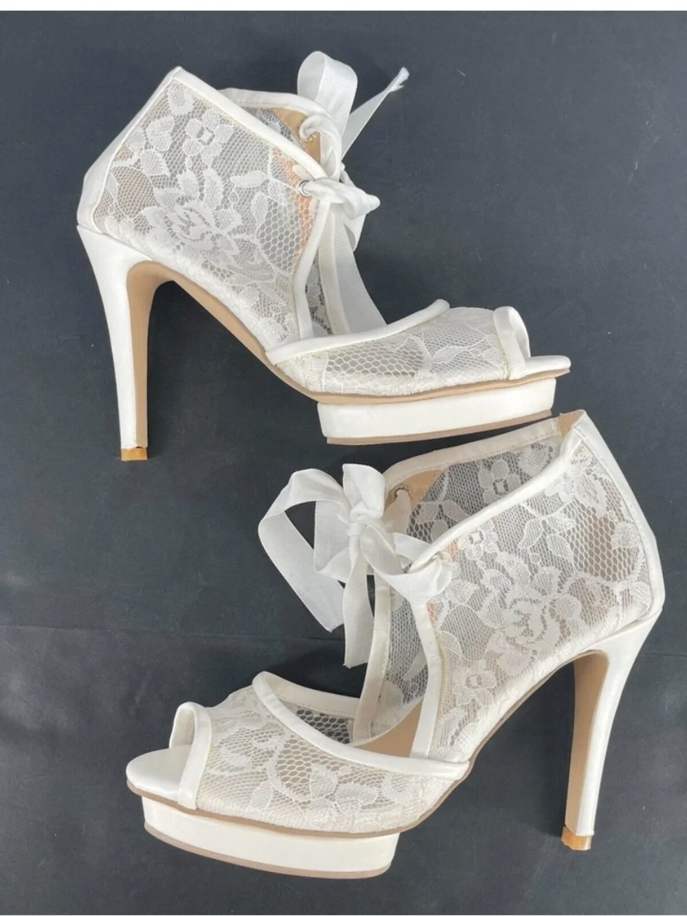 FSJ Ivory Lace Peep-Toe Ribbon Heels